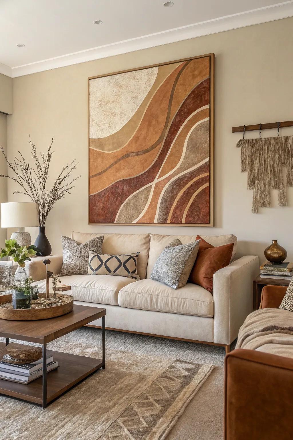 Statement artwork provides character to neutral spaces.