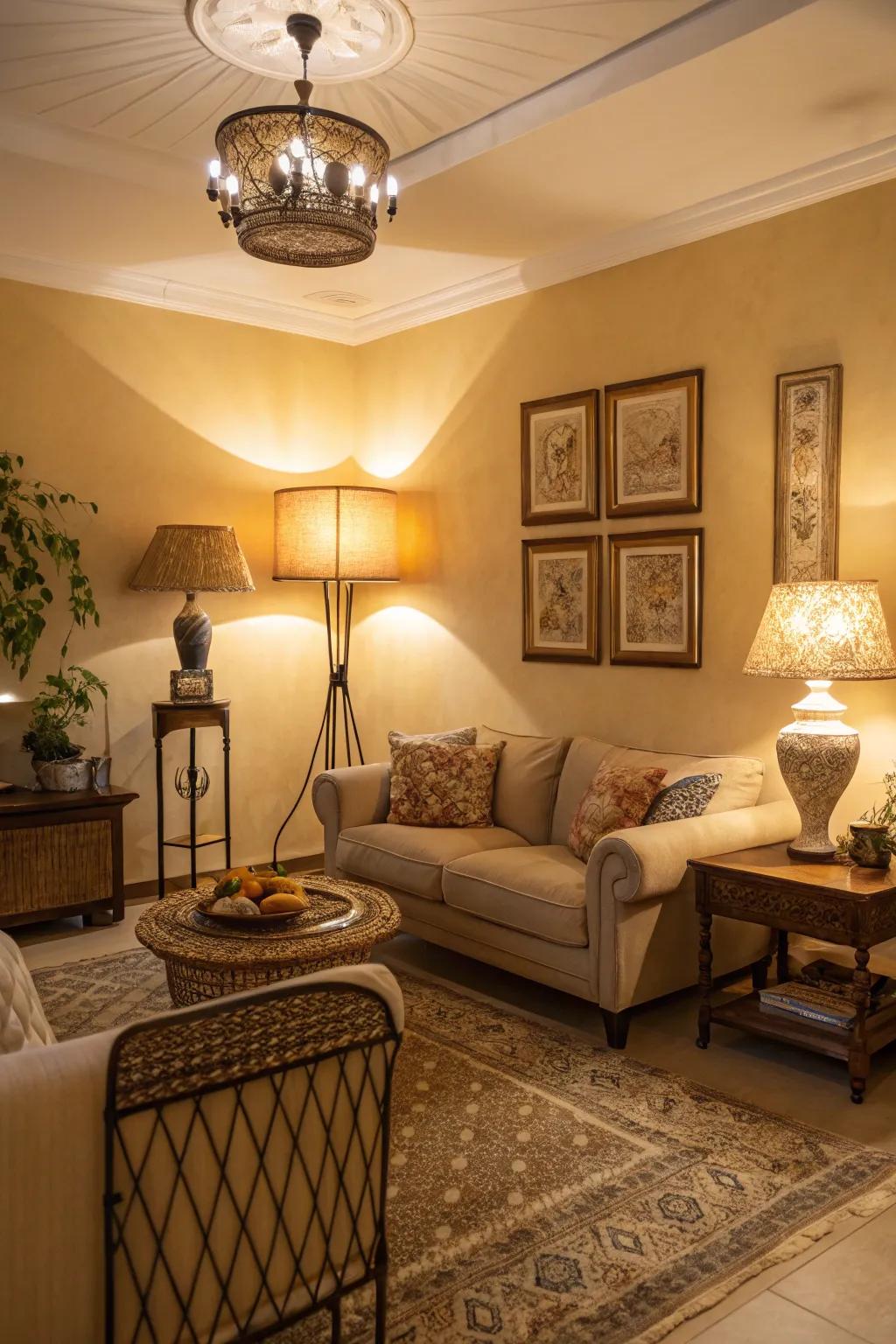 The cozy atmosphere of this beige space is enhanced by soft lighting.