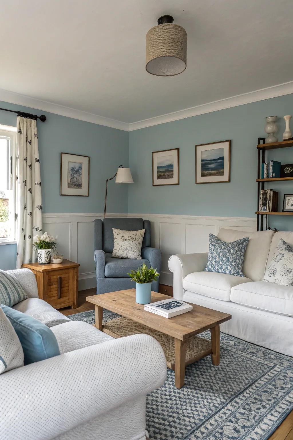 Sky blue walls evoke a sense of serenity and openness.
