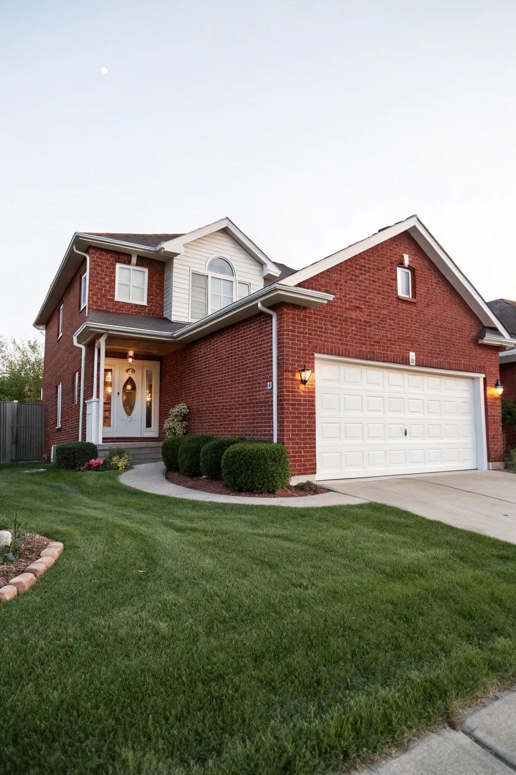 A white garage door presents a fresh and welcoming contrast to red brick.