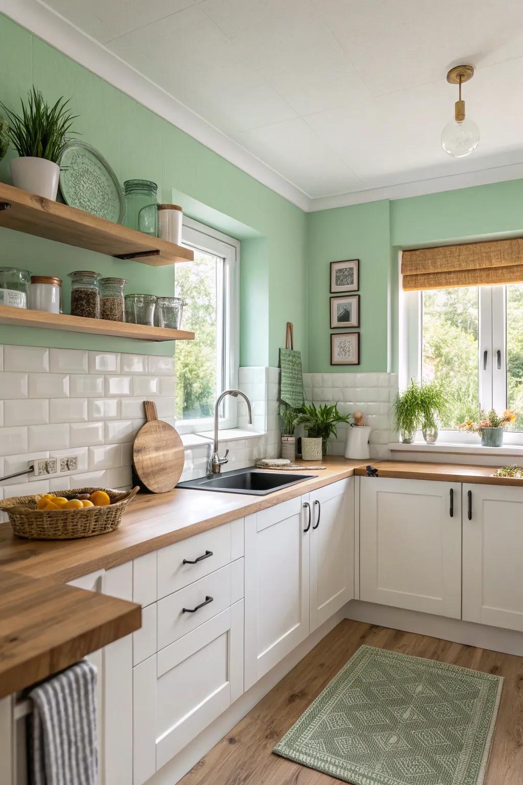 A bright and airy culinary space with glacier green walls.