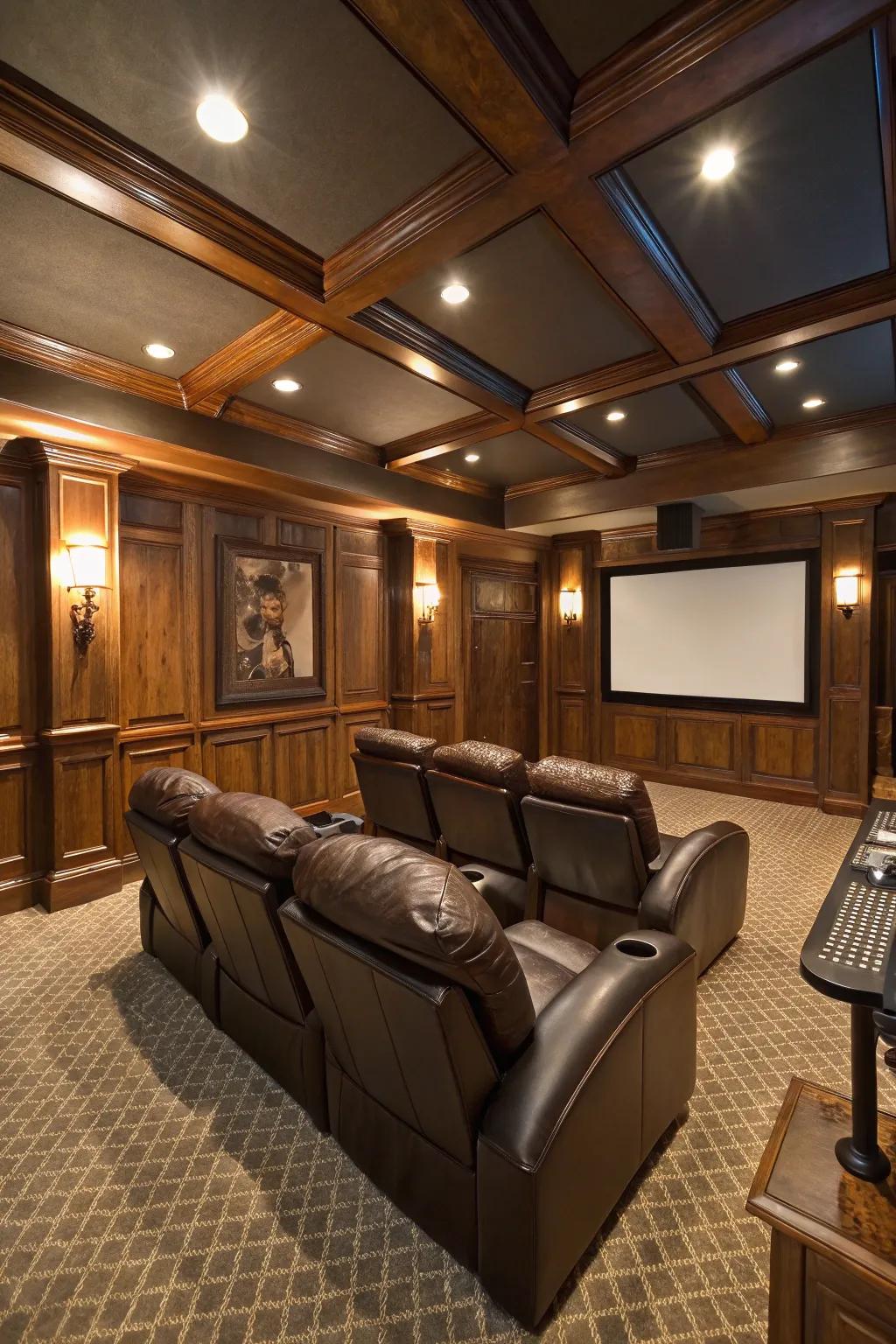 Sophisticated leather seating that enhances the elegance of this home theater.