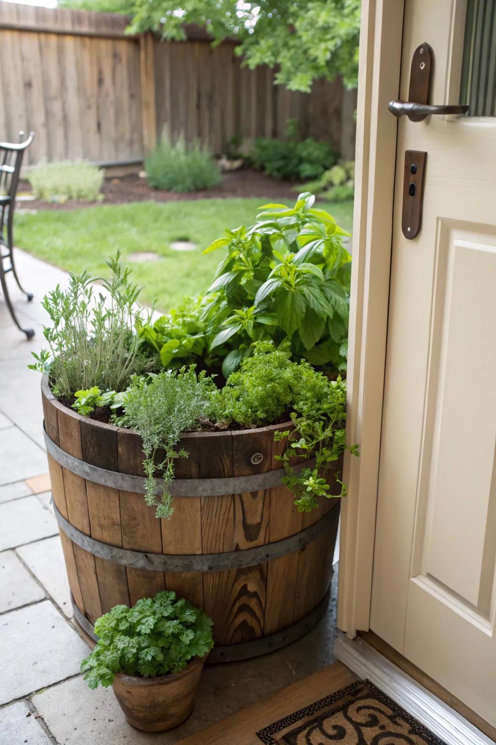 A whiskey barrel herb corner offering fresh flavors at your convenience.