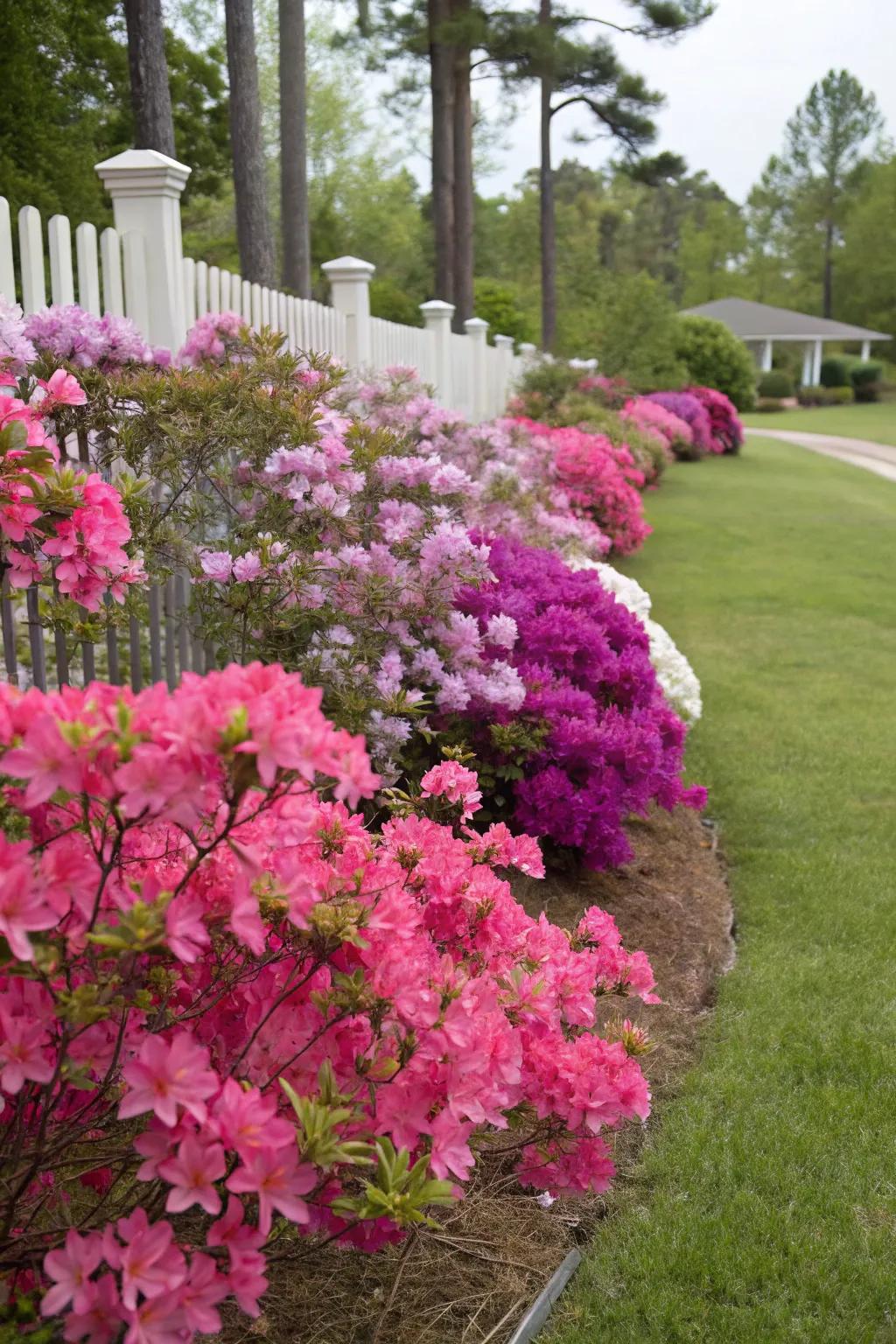 'Blaze' azaleas add a bold splash of color to any front garden.