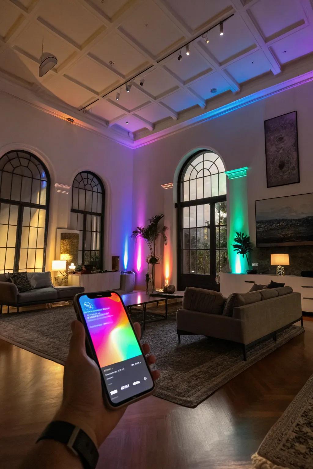 Intelligent lighting transforms a living room, emphasizing its design elements through dynamic color shifts.