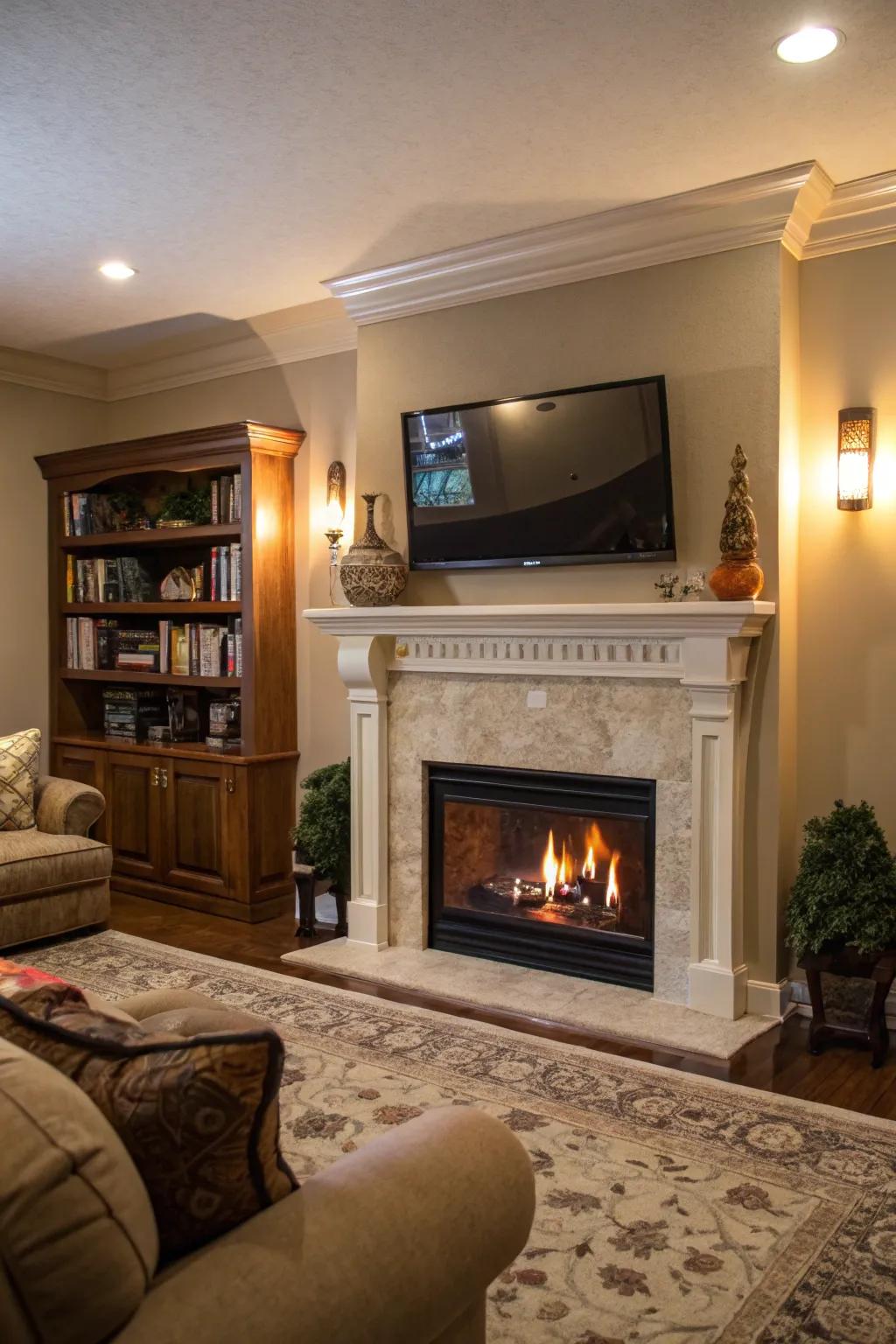 A fireplace and TV work together to create a harmonious focal point.