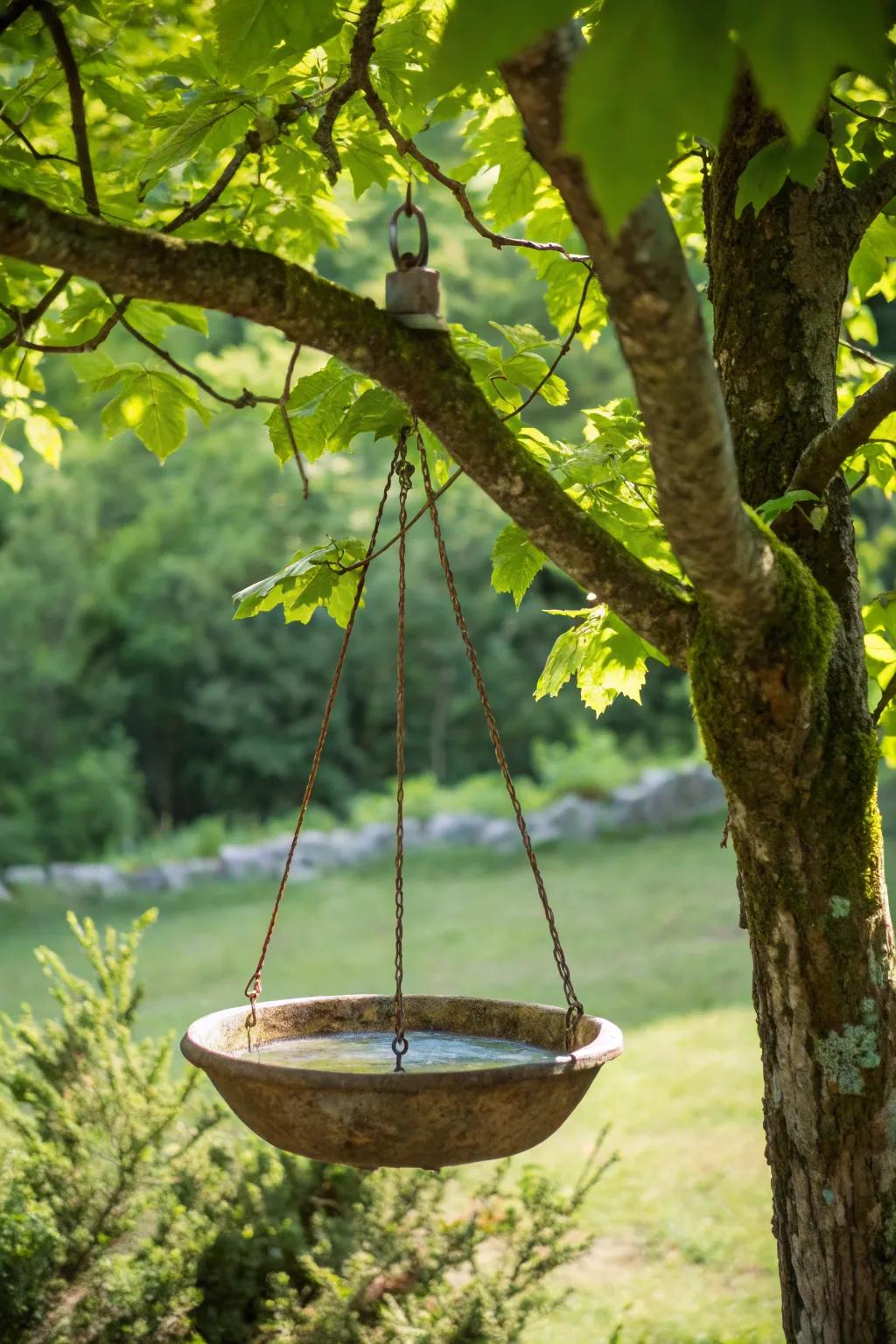 A suspended bird bath provides a unique and space-saving option.