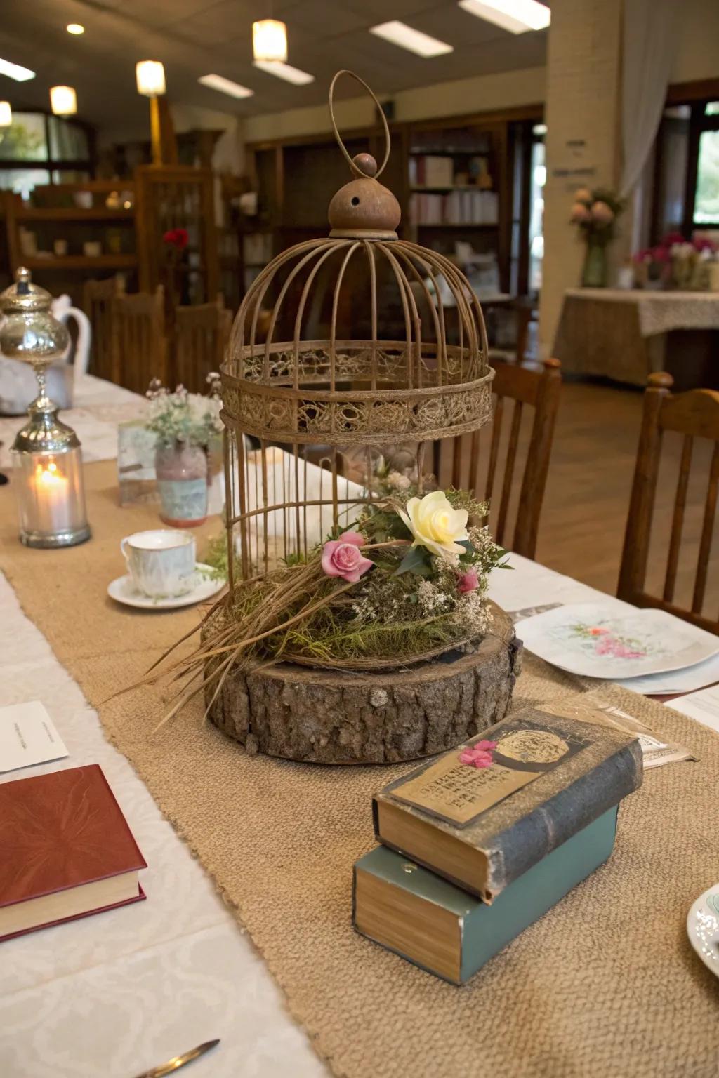 A rustic bird cage centerpiece accentuating a distressed, chic table arrangement.