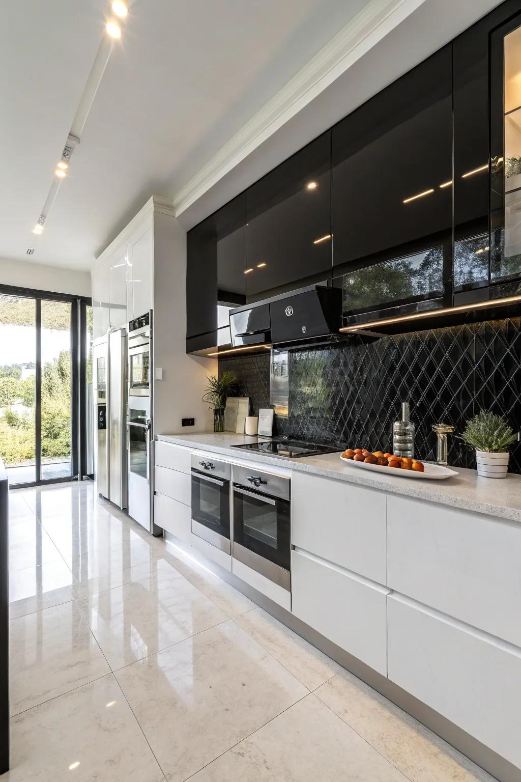 A modern cooking area featuring a black focus wall, providing a polished backdrop for elegant cabinetry.
