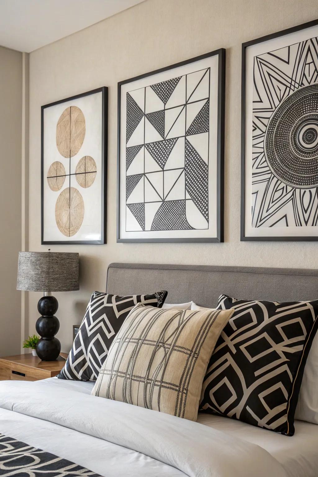 Black and white abstract art improves the modern aesthetic of the room.