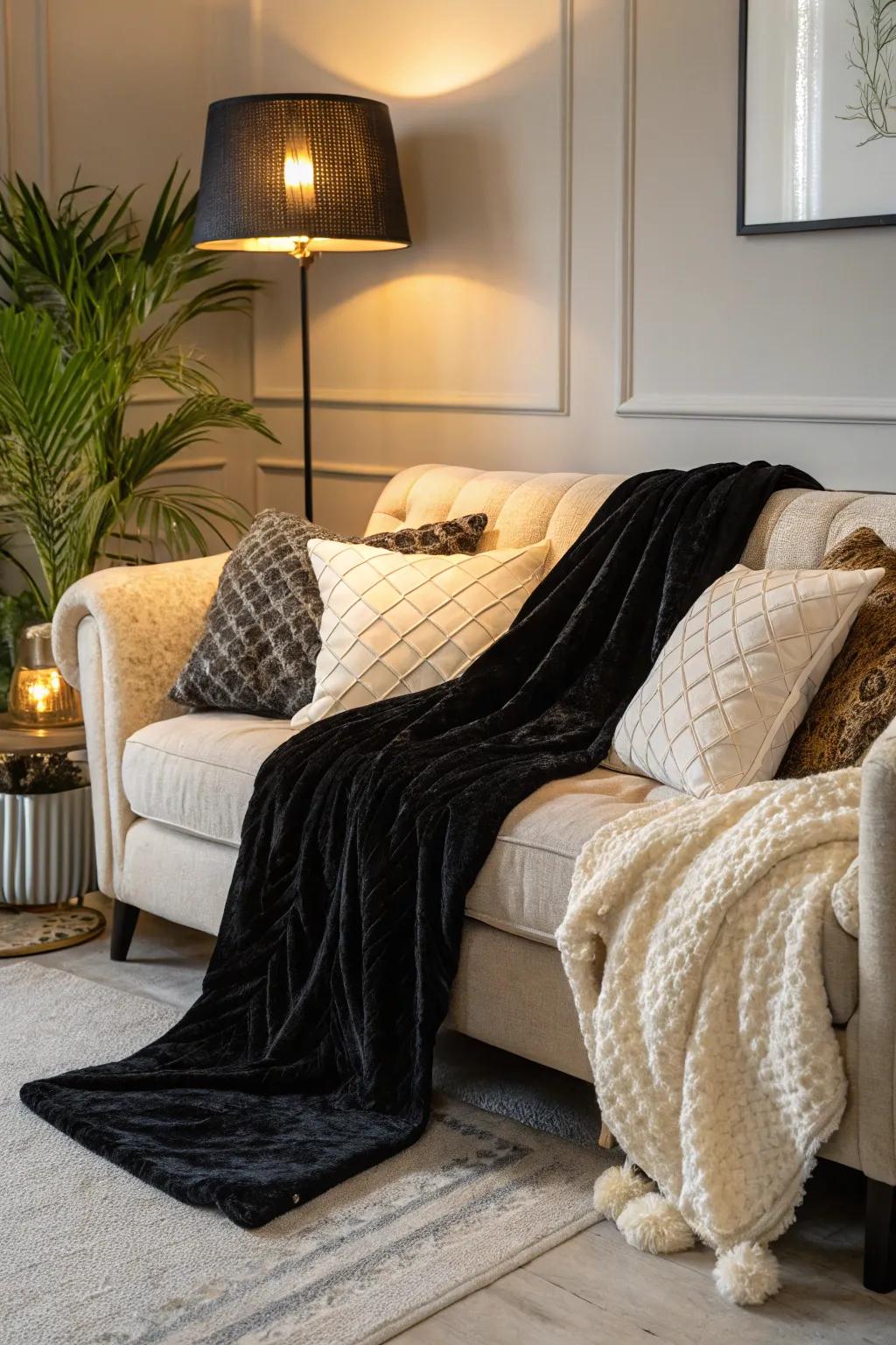 Velvet and fleece textures enhance comfort in a refined ebony and ivory living room.