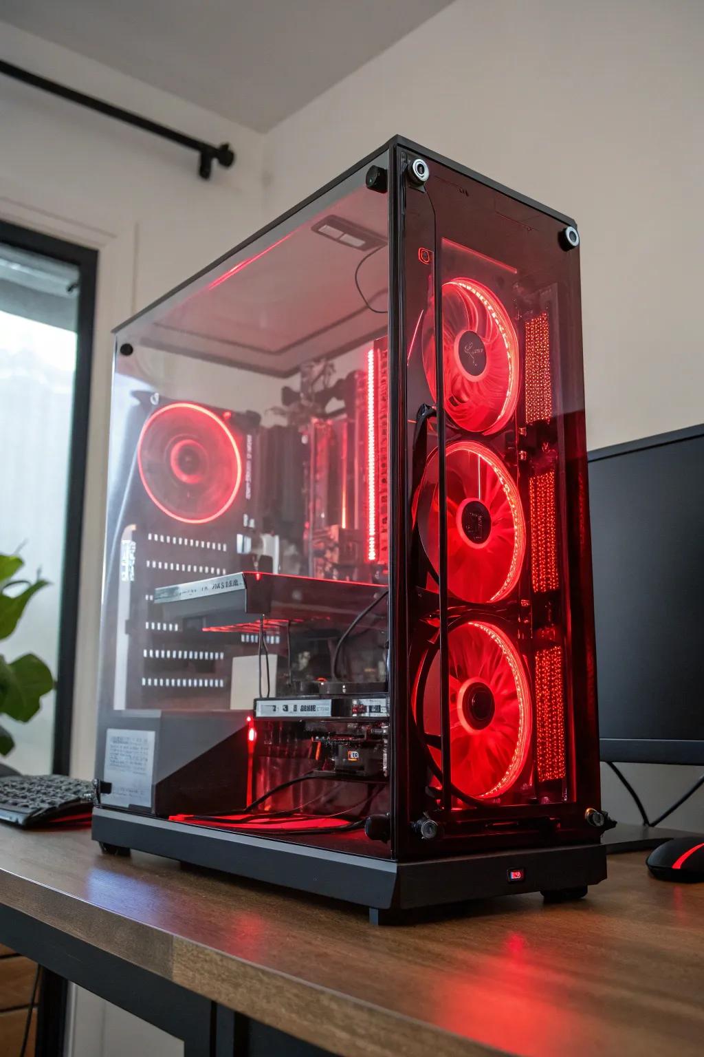 A custom-built gaming PC radiates red accents, highlighting its internal components.