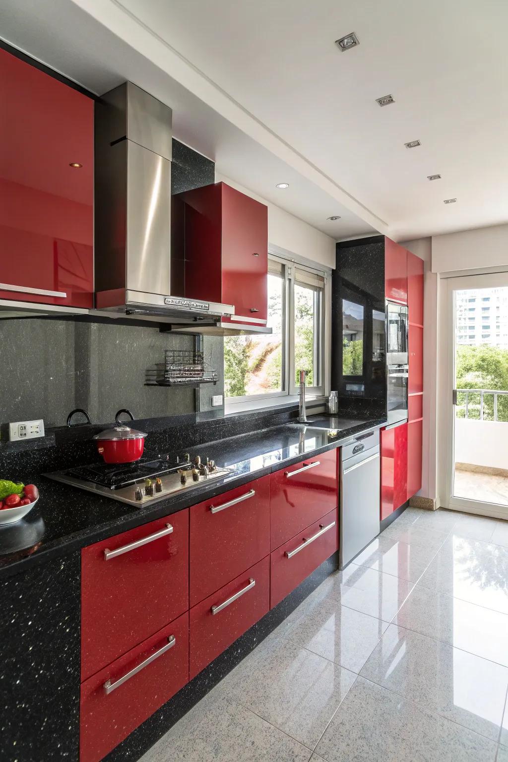 Ebony granite countertops furnish a streamlined antithesis to scarlet cabinetry.