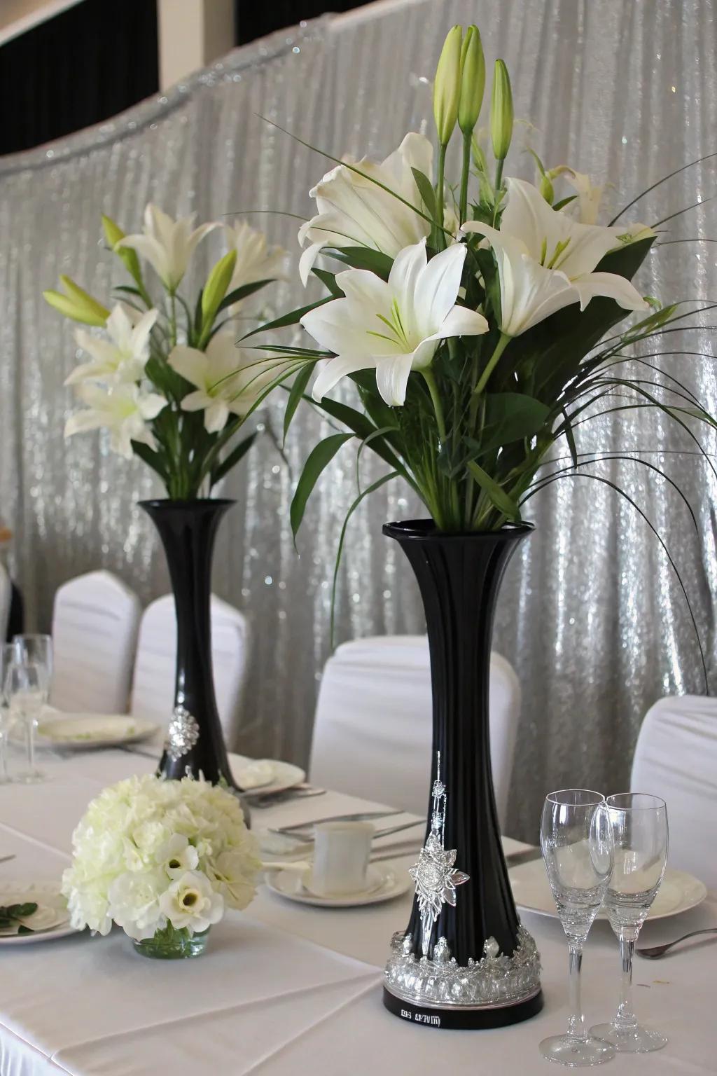 Striking flower displays with slate and chrome elements.