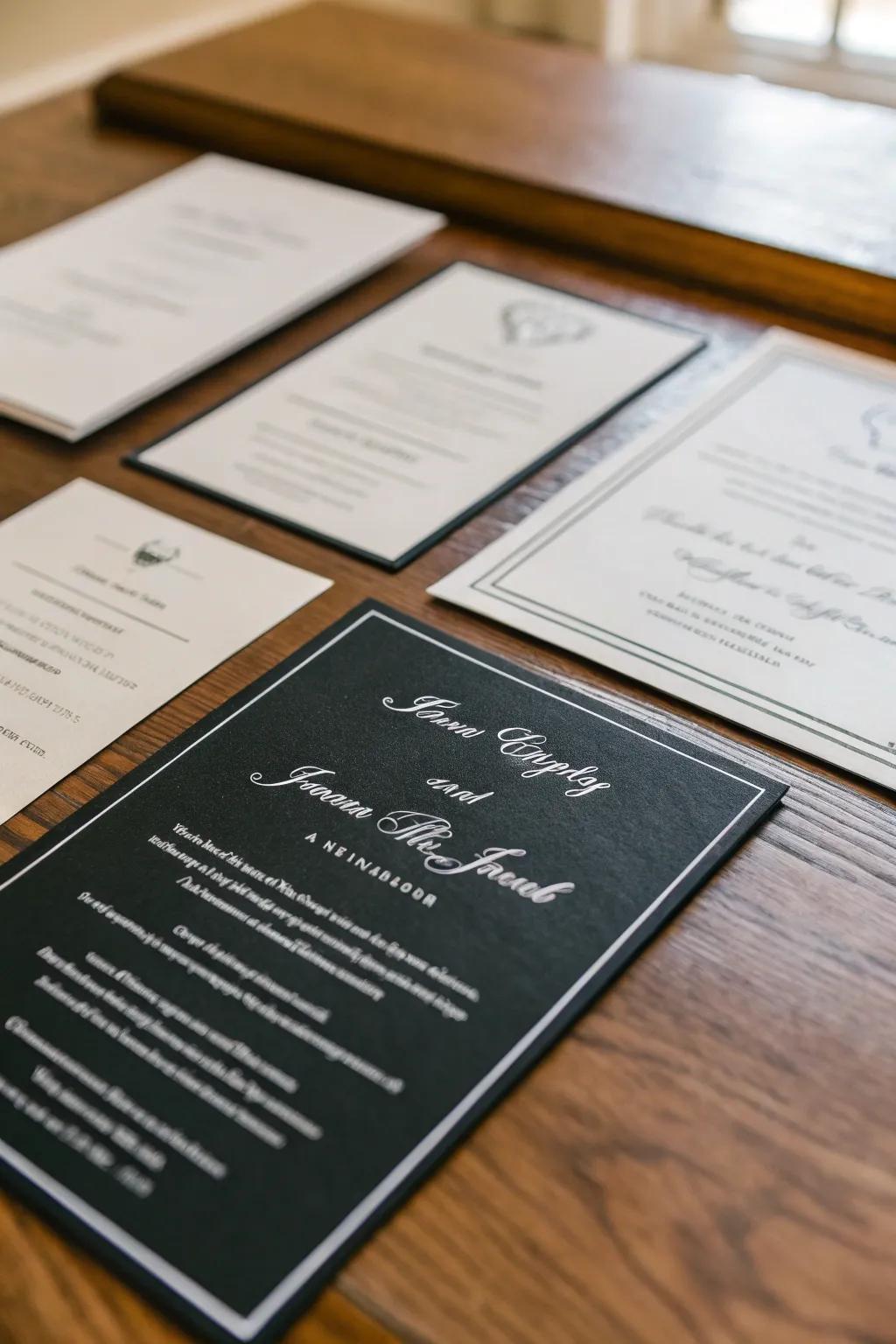 Classic monochrome wedding stationery establishes the tone for a sophisticated event.