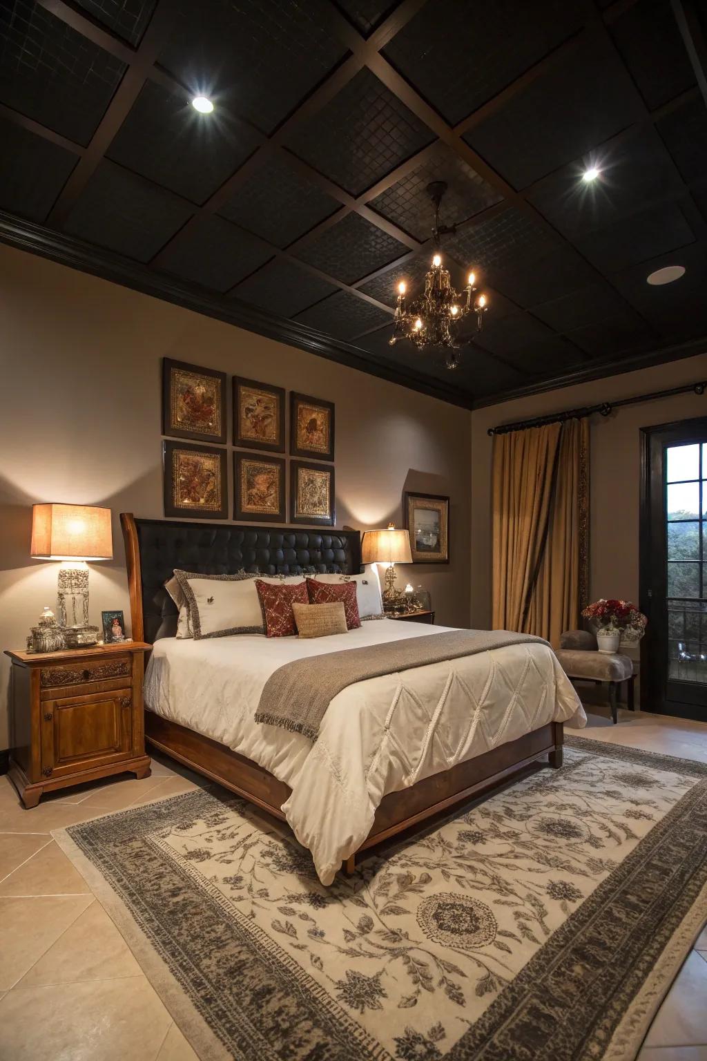 A sophisticated bedroom design highlights a black ceiling adding depth and warmth.