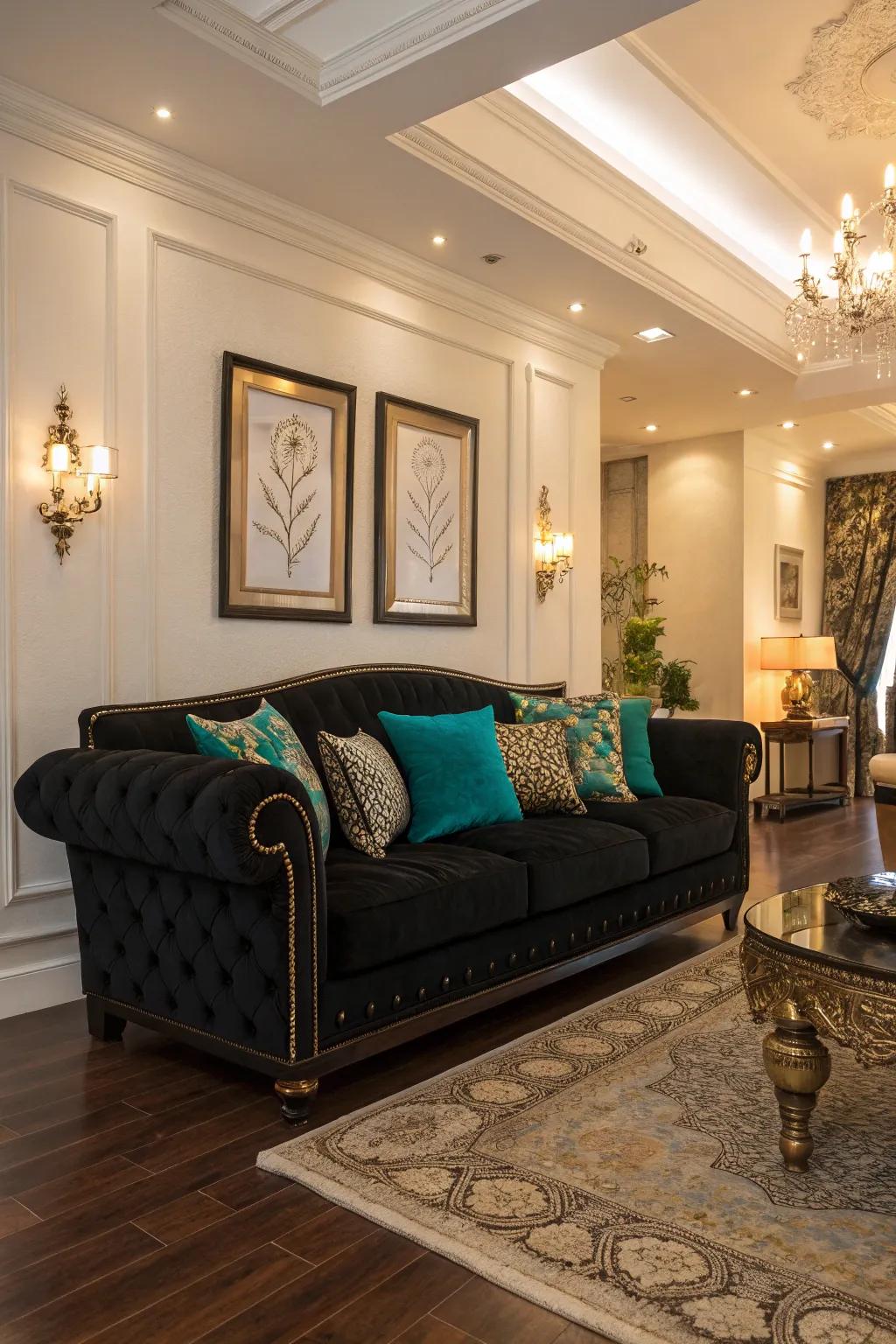 A black sofa enhanced with rich jewel tones.