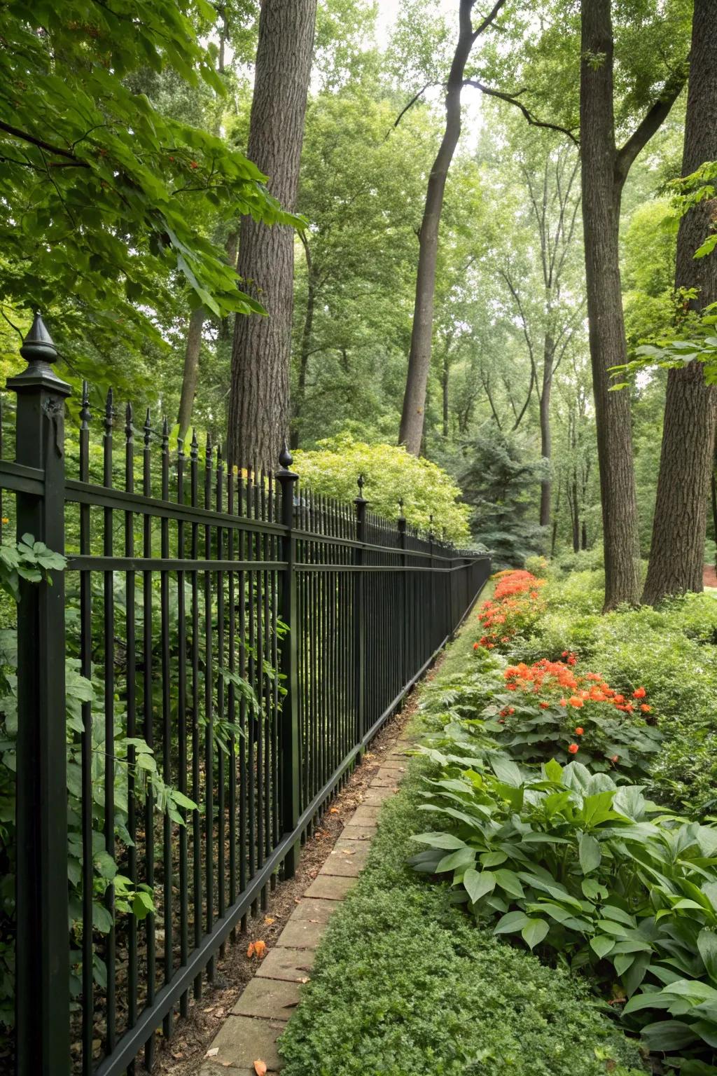 The striking contrast of a black fence against lush greenery.