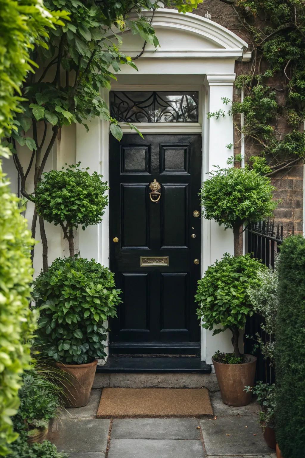 An inviting dark-toned entrance complemented by energetic vegetation.