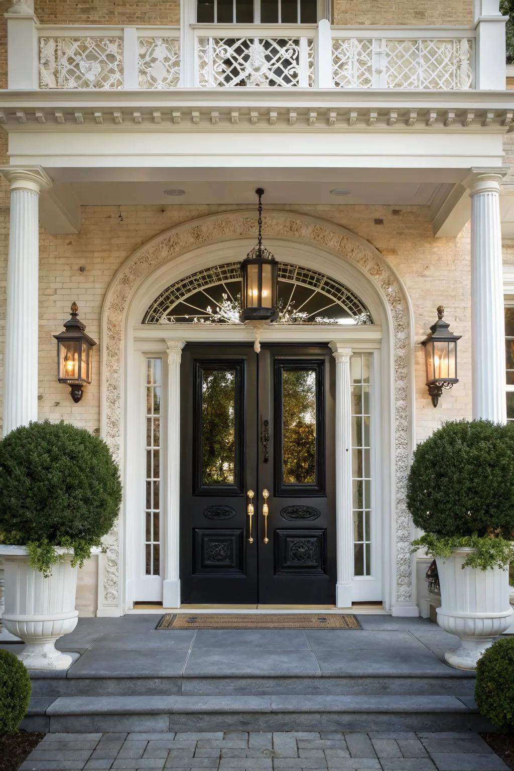 Double doors with white trim create an attractive and symmetrical entryway.
