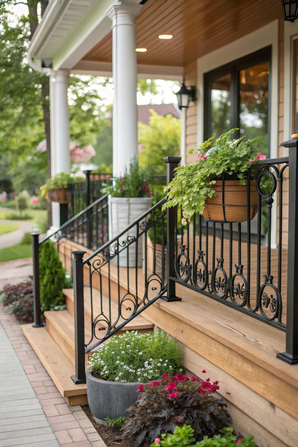 The warmth of wood matched with dark metal creates an inviting porch setting.