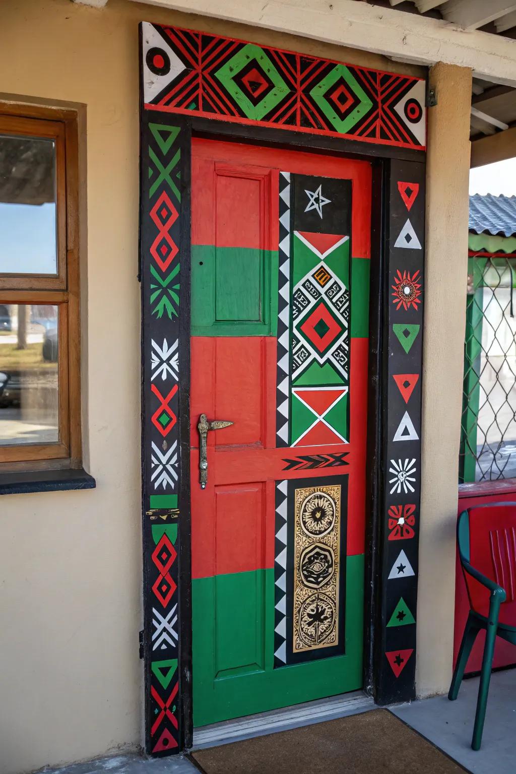 A door design that uses Pan-African colors and designs to honor cultural heritage.