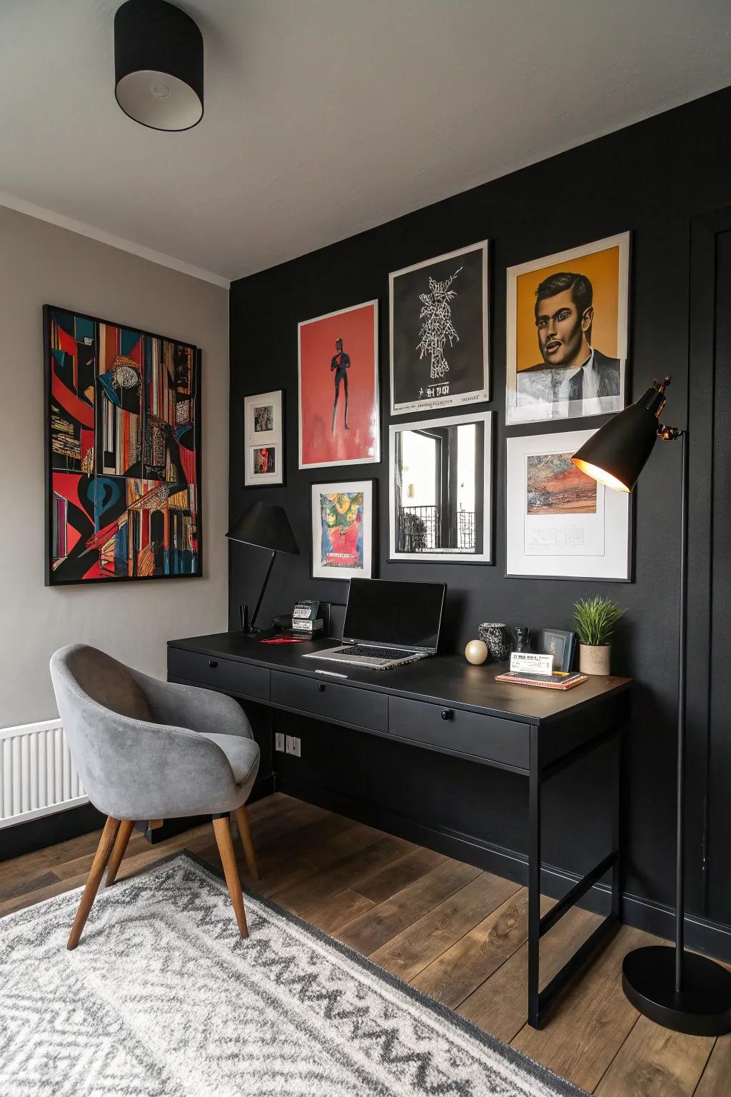 Artwork enhances this personalized home office.