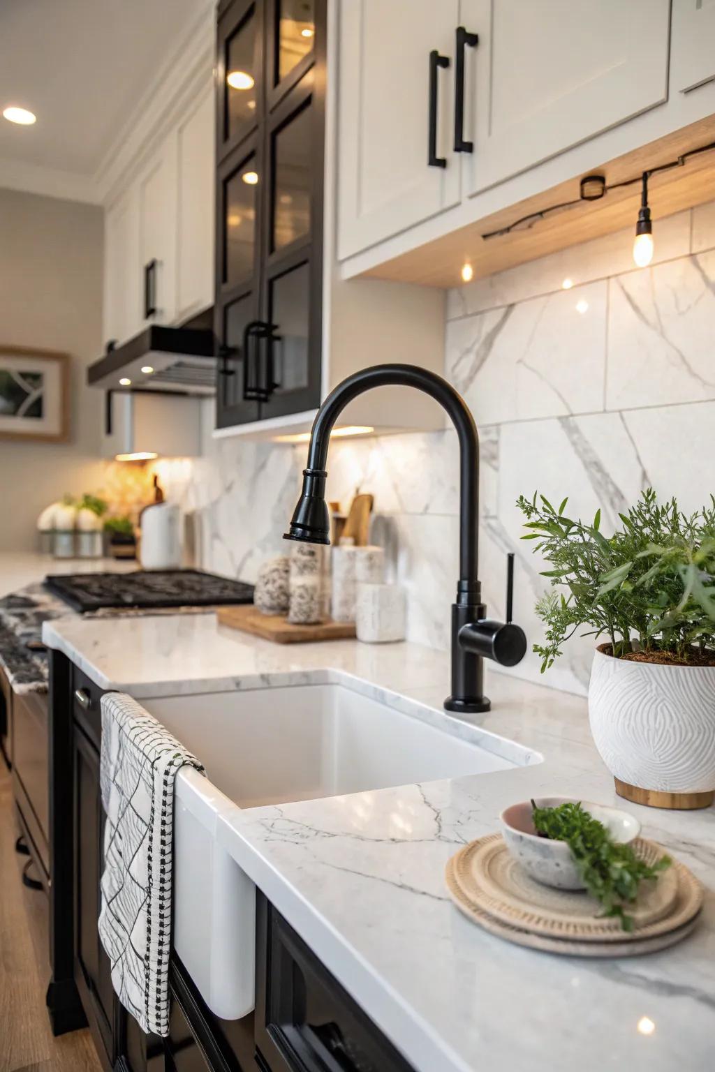 The beauty of marble is wonderfully balanced by this striking dark toned faucet.