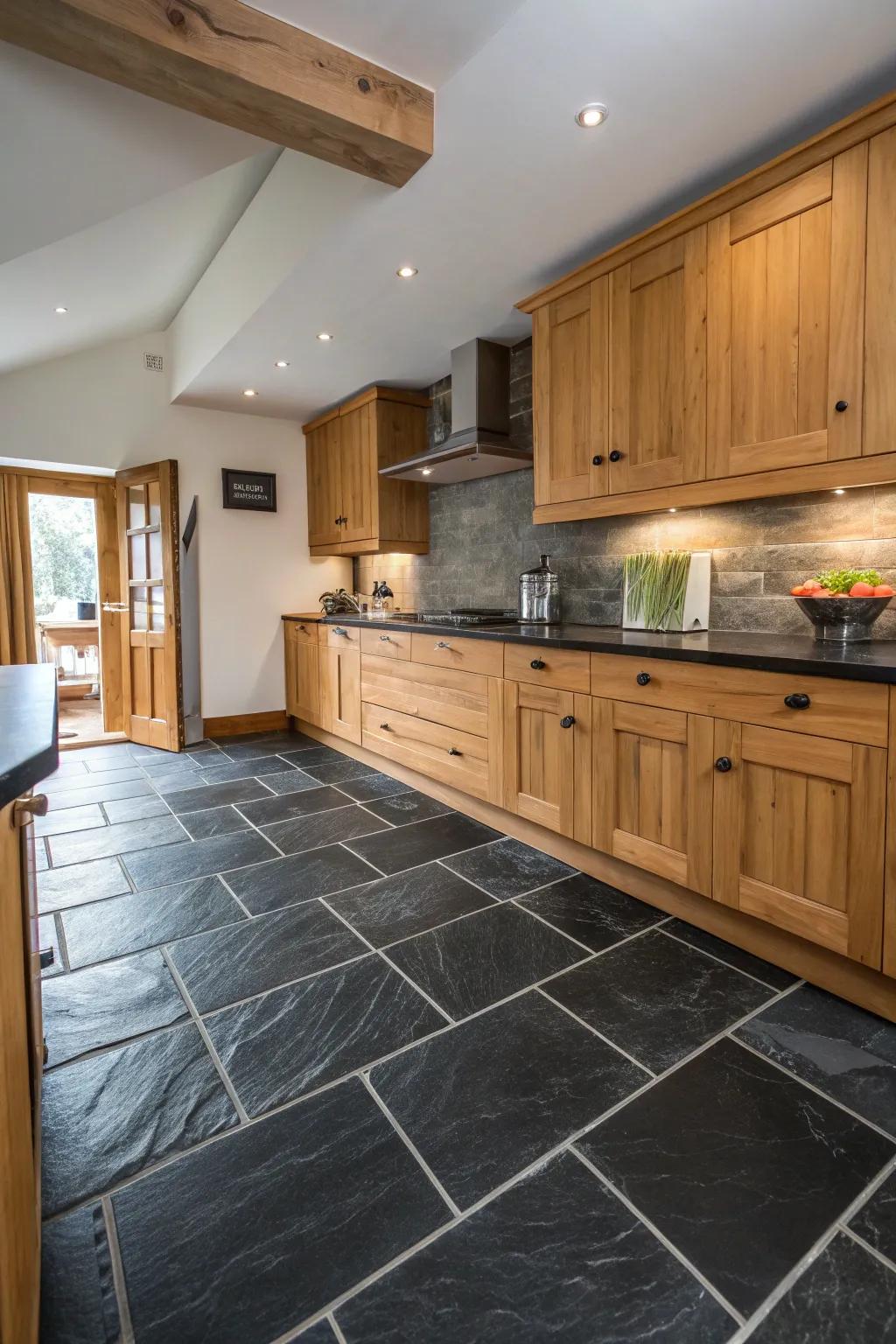 A kitchen displaying the deep texture of natural slate used for black floor tiles.