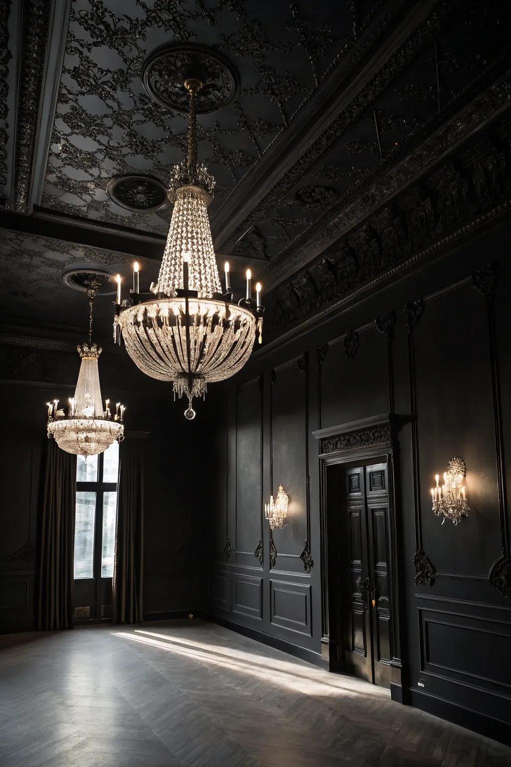A dark room enhanced by a striking chandelier and pendant lights.