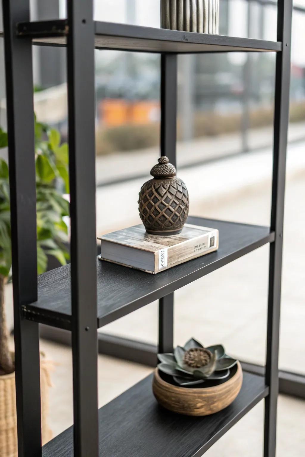 An elegant sculpture adding style to a black shelf.