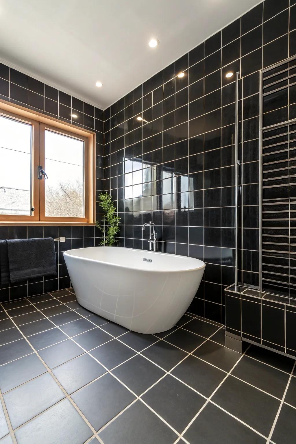 Large dark stone panels enhance the spa-like feel of this bathroom.