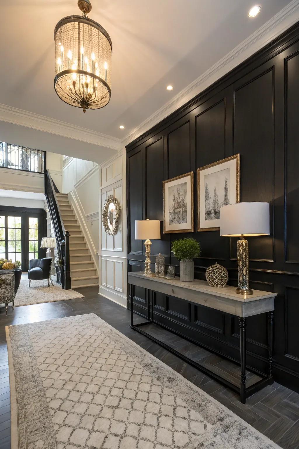 A striking entryway highlighted by black wainscoting.