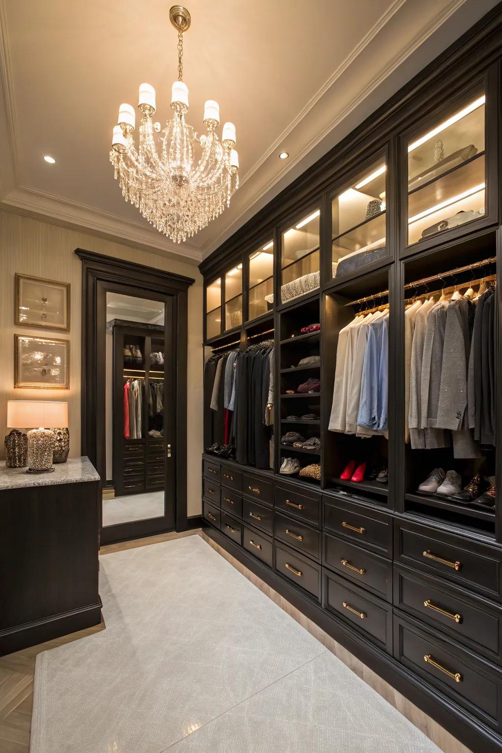 A chandelier contributes a luxurious element to this brilliantly illuminated walk-in closet.