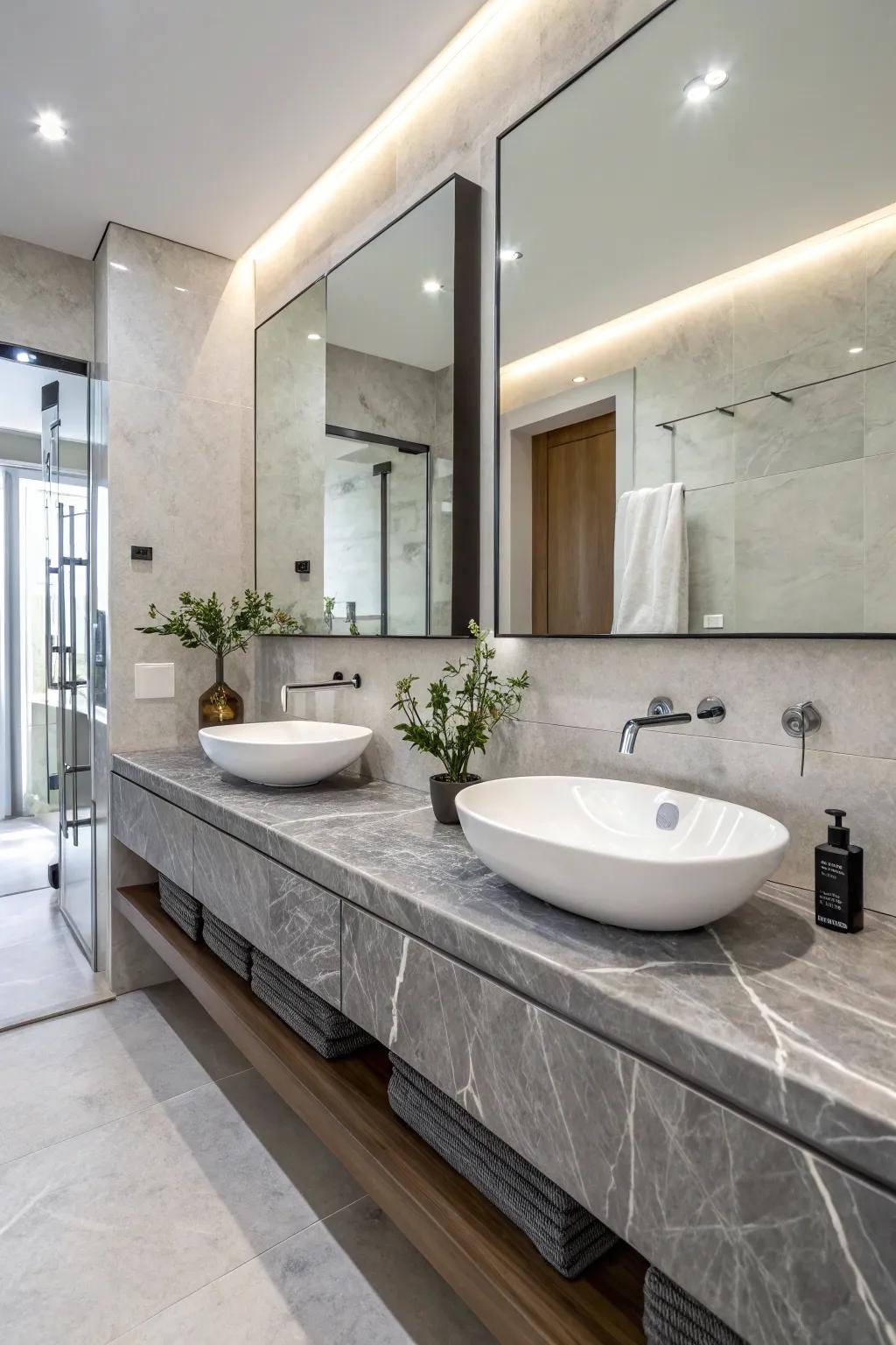 Dust marble details enhance the luxury and sophistication of this bathroom.