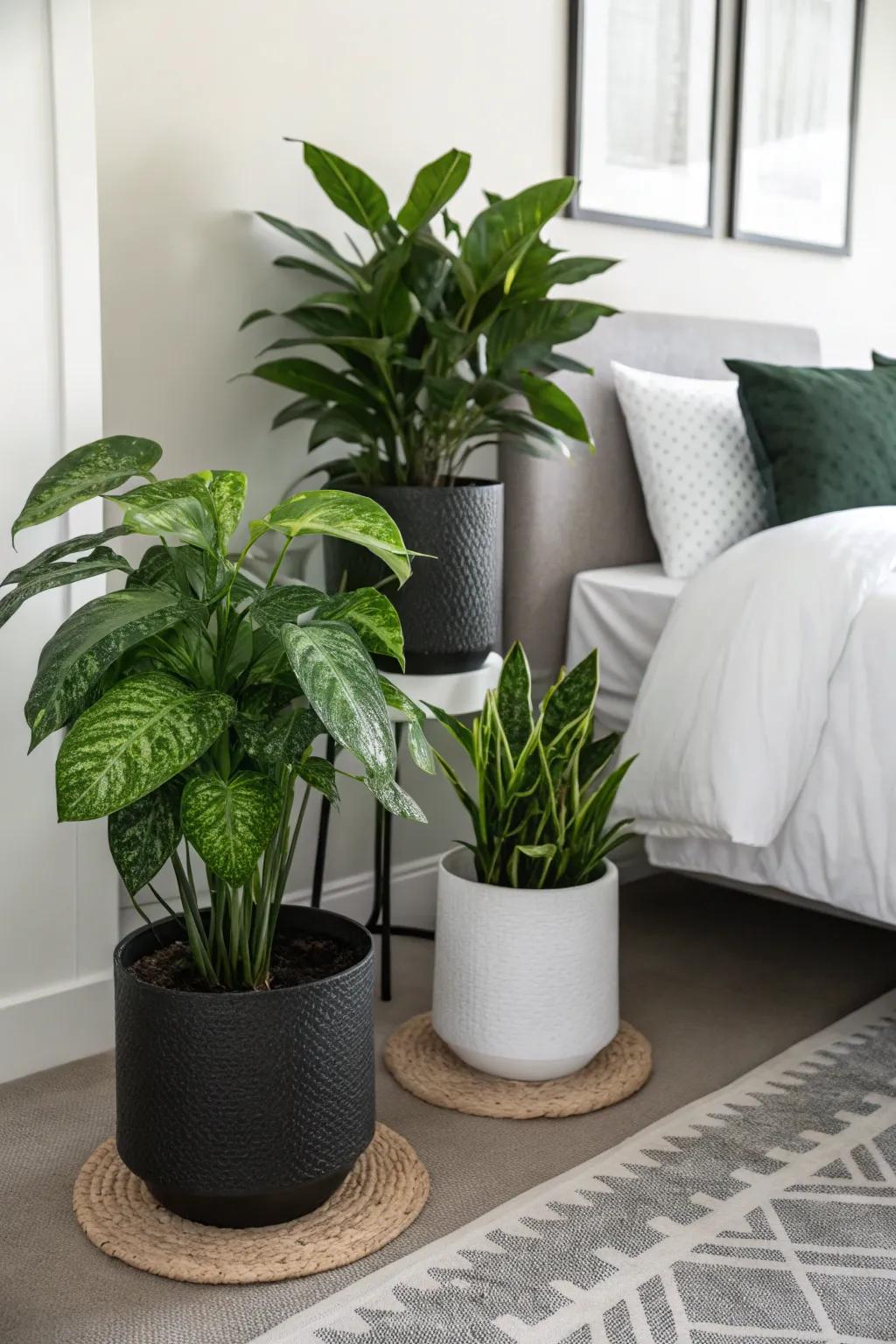 Green plants bringing a lively touch to a monochrome bedroom.