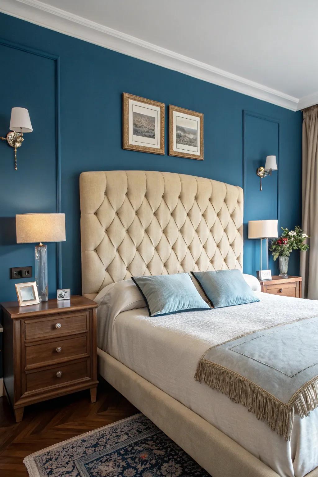 Against the blue walls, the beige headboard provides contrast.