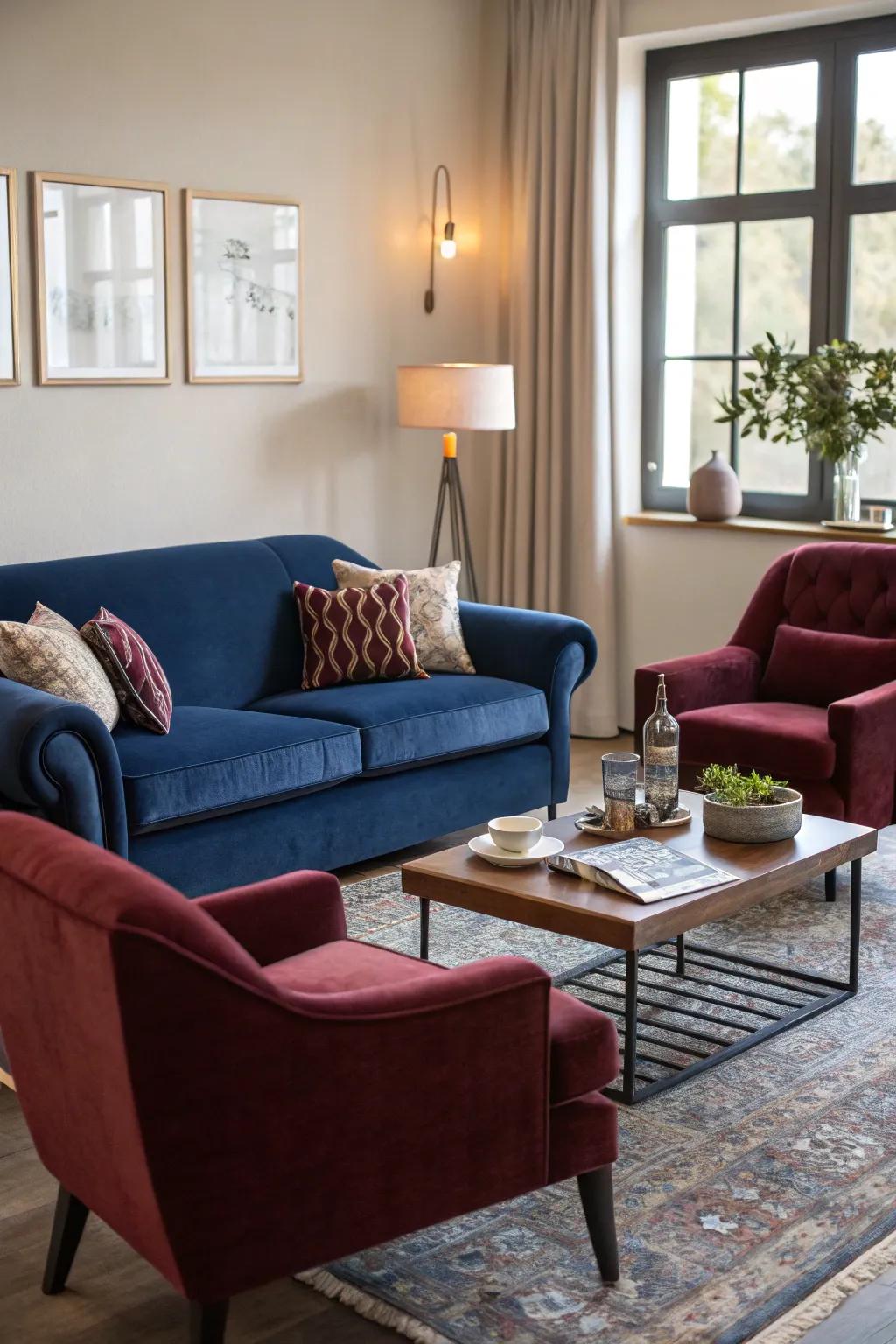 Dark indigo and wine seating create a harmonious and elegant focal point.