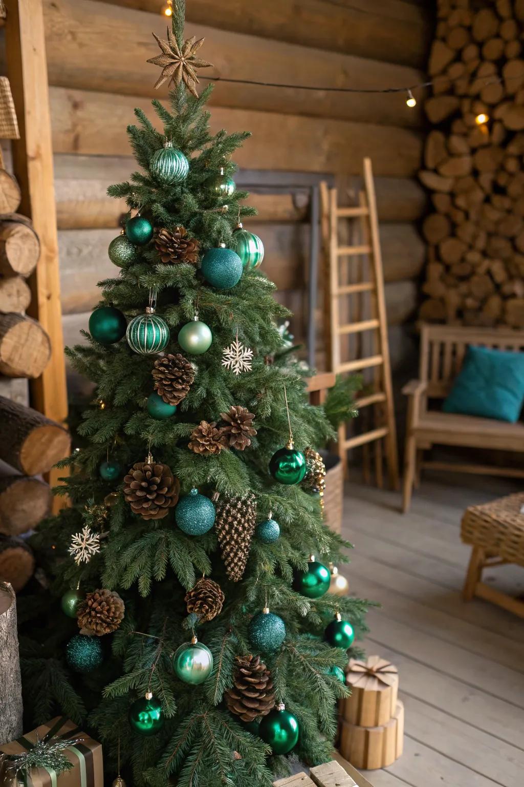 A tree inspired by nature, featuring forest green and teal for a rustic yet opulent aesthetic.
