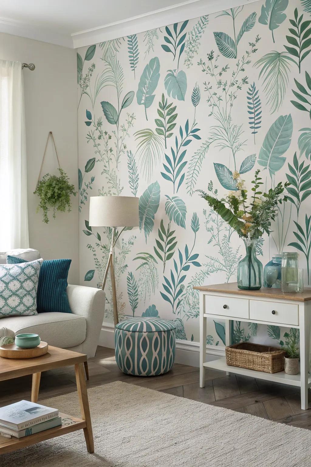 Botanical wallpaper makes for a bright and energetic background.