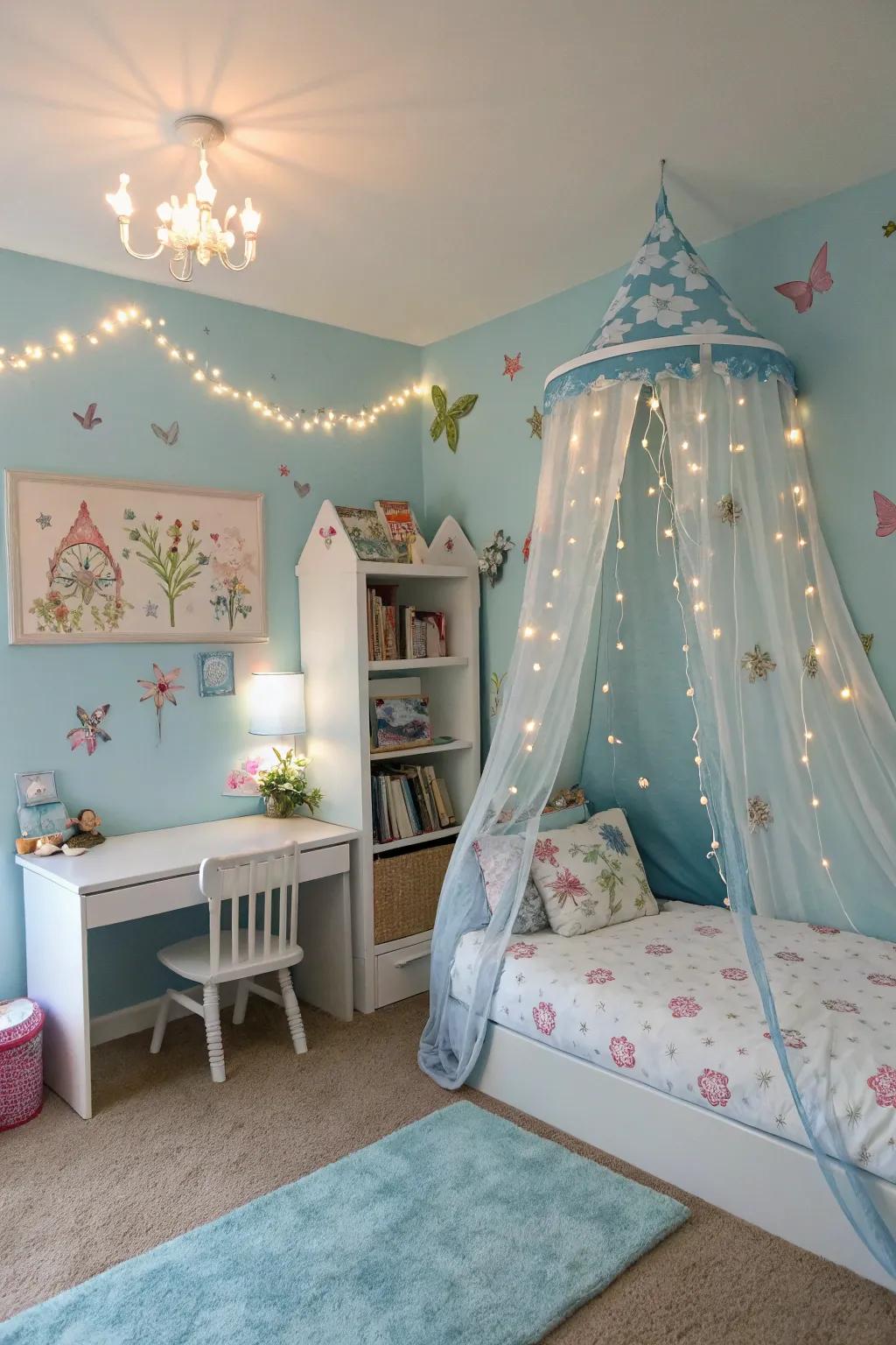 Quirky designs give a magical sense to a blue bedroom.