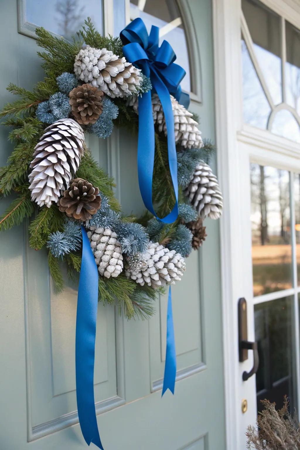 A welcoming blue and white Christmas wreath