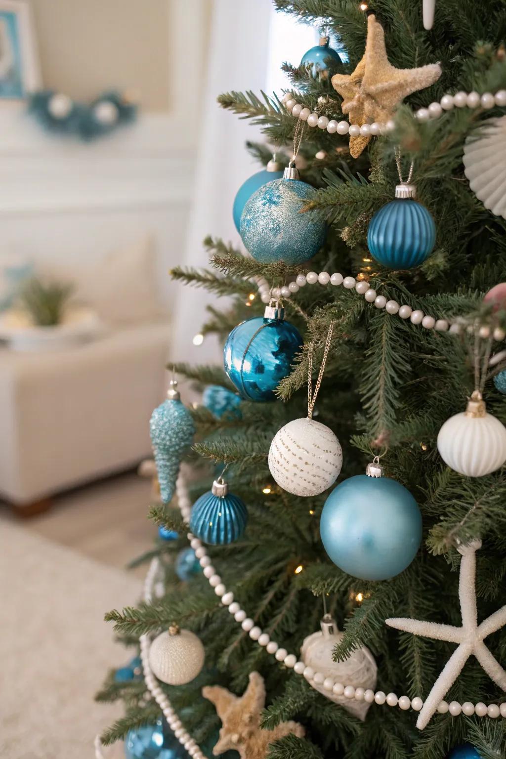 A coastal azure dream Christmas tree featuring seaside elements.