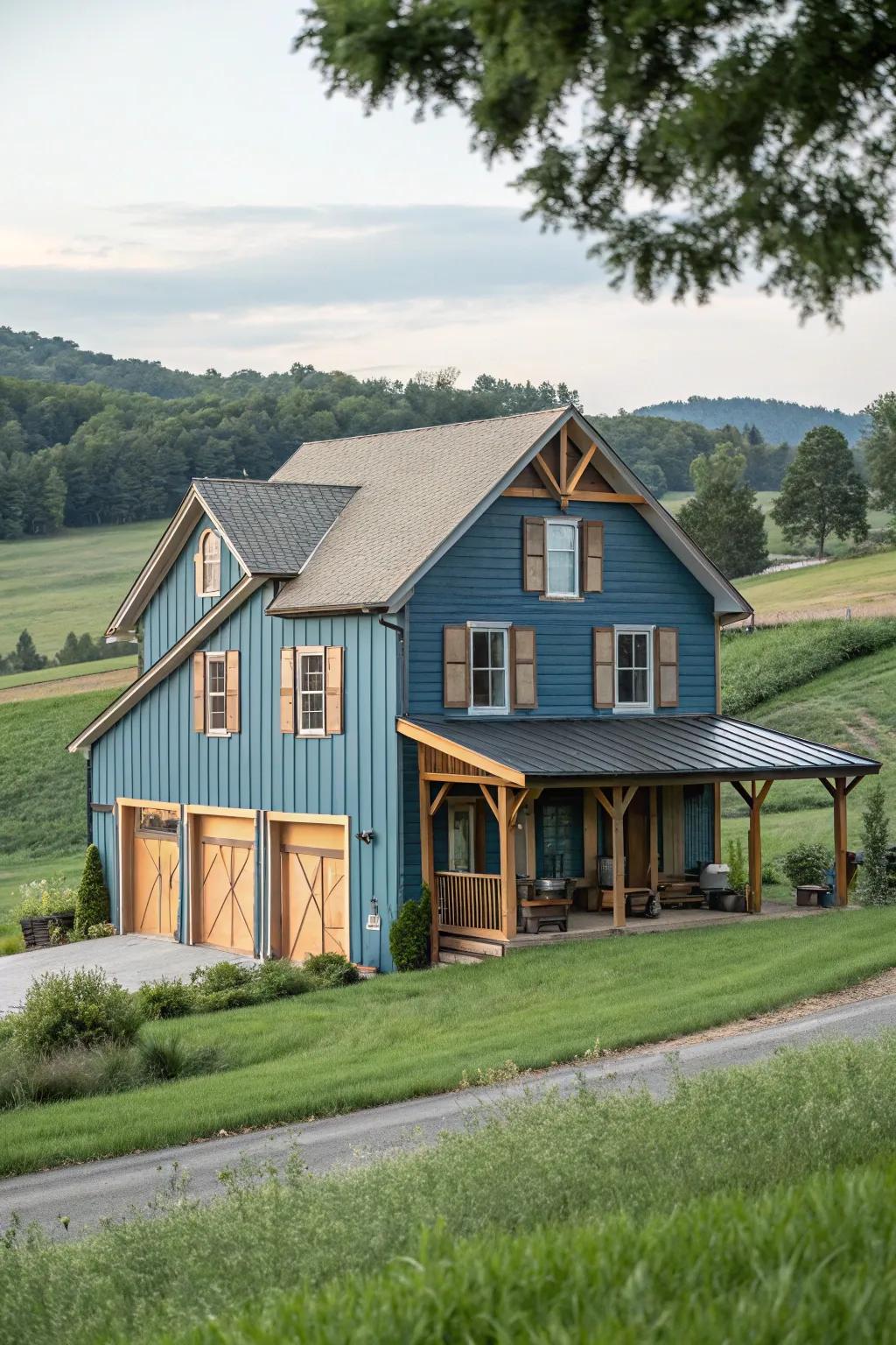 Natural wood features make blue exteriors feel warmer.
