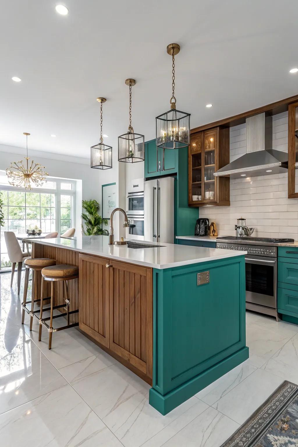 A teal island imparts a modern twist to this fashionable kitchen.