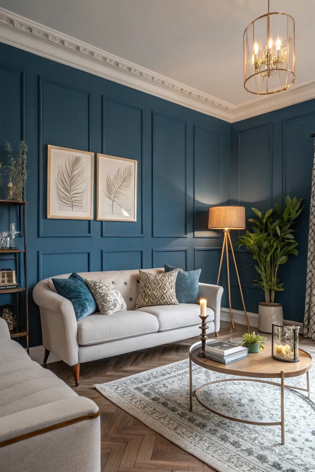 A rich blue feature wall introduces a dramatic touch to this refined living room.