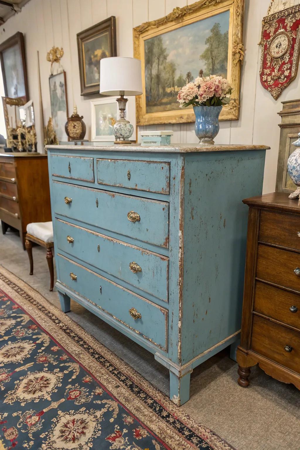 A vintage blue dresser featuring distressed details for a classic, aged look.