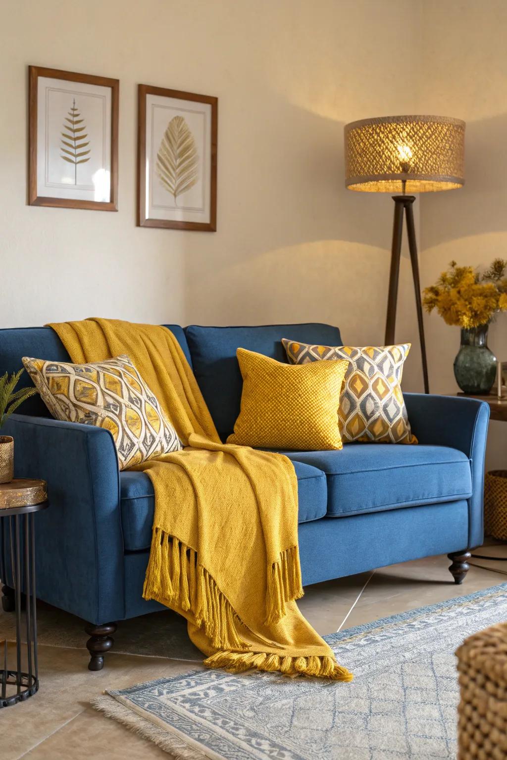 A touch of saffron yellow can enhance the blue sofa's appeal.