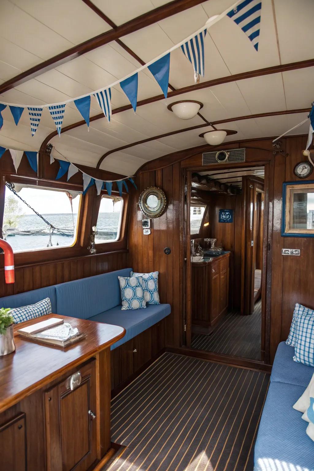 Nautical-themed materials and finishes create a timeless look.