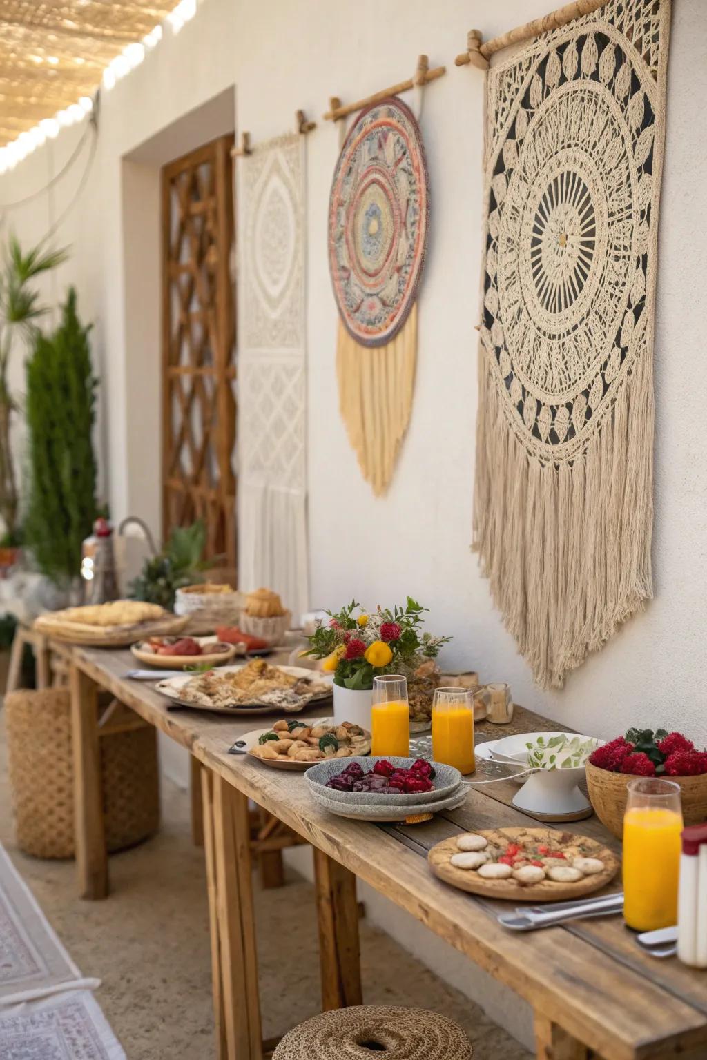 Handmade pieces bring texture and sophistication to this boho brunch design.